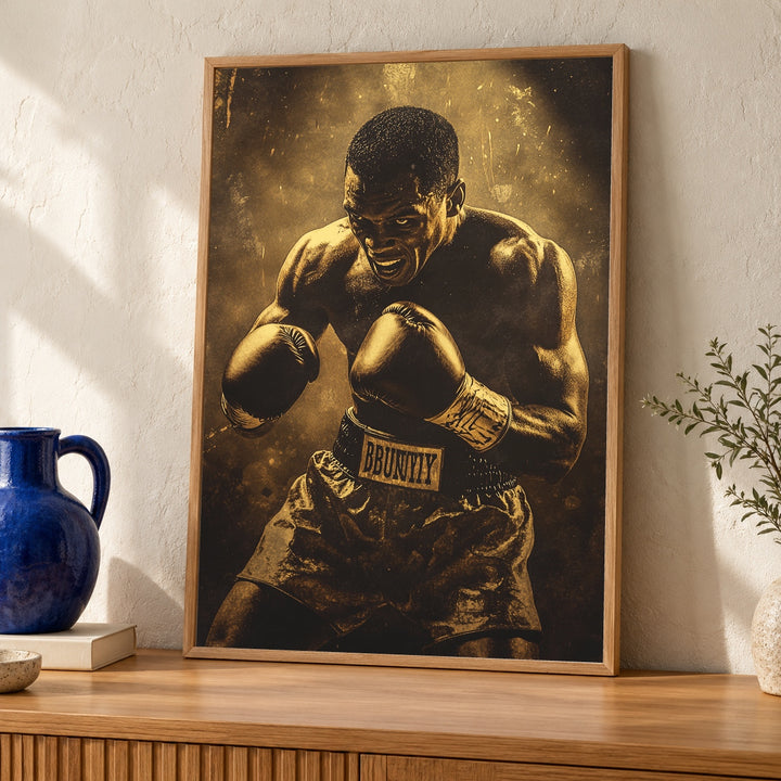 Boxing Champion Poster, Vintage Heavyweight Boxer Wall Art, Retro Sports Gloss Print, Classic Combat Sports Decor, Sepia Fighter Art