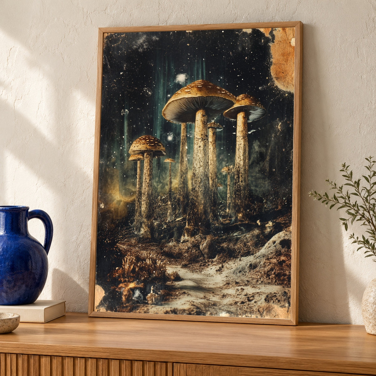 Cosmic Mushroom Art, Vintage Celestial Shroom Print, Dark Fantasy — oak frame room mockup