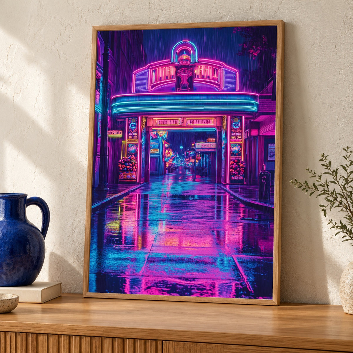 Neon Arcade Entrance, Cyberpunk Cityscape Print, Synthwave Poster — oak frame room mockup