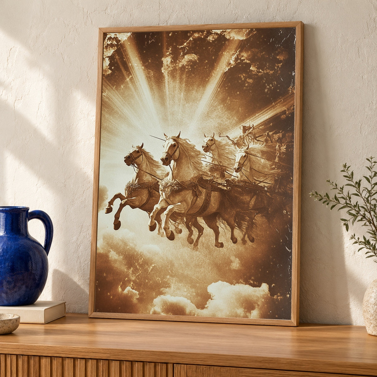 Greek Mythology Art, Apollo Sun Chariot, Ancient Gods Poster — oak frame room mockup