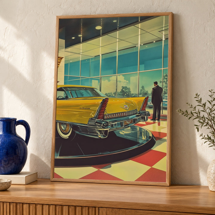 Retro Car Showroom Art, Mid Century Cadillac Poster, Vintage Decor
