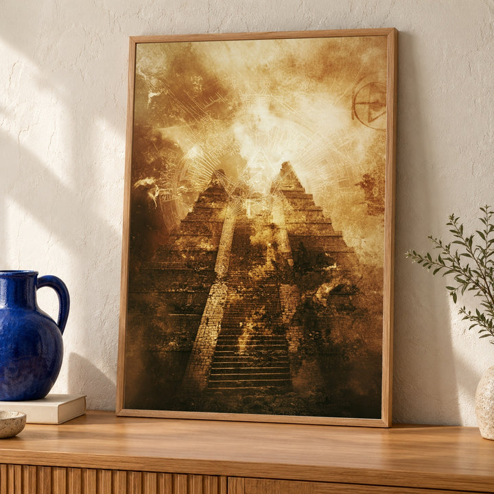 Aztec Temple Art, Ancient Mayan Pyramid Print, Visionary Decor