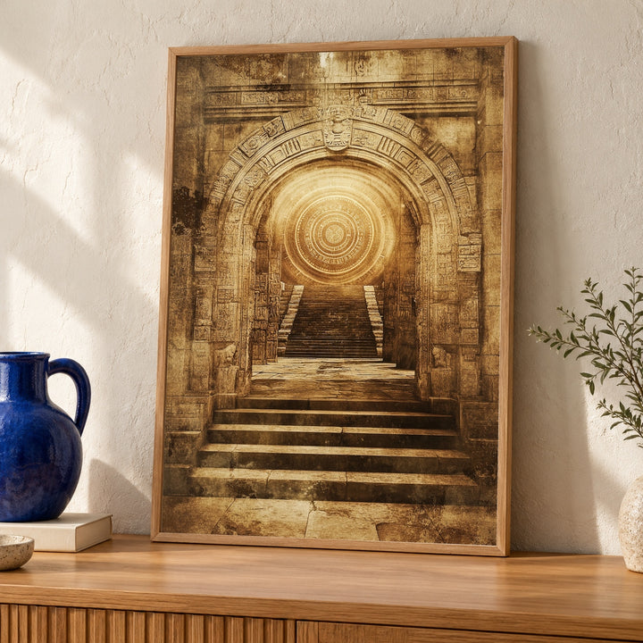 Ancient Aztec Temple Archway Poster - Mystical Mayan Ruins Wall Art - Sepia Sun Stone Portal Print - Mesoamerican Archeology Decor