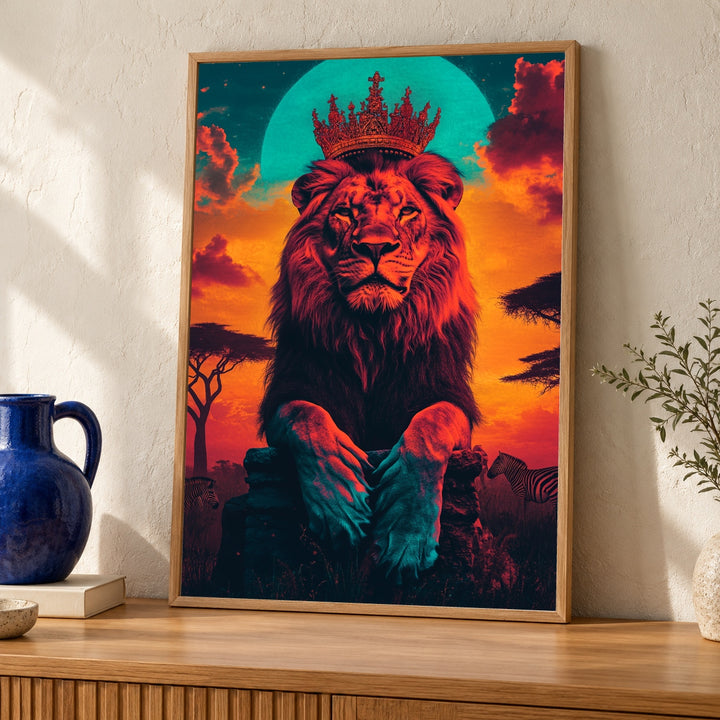 Lion King Wall Art, African Savannah Crown Print, Retro