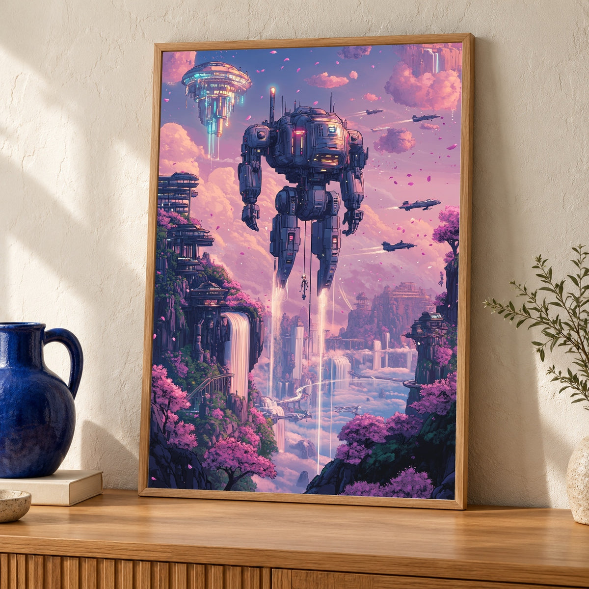 Retro Anime Mecha Art — oak frame room mockup