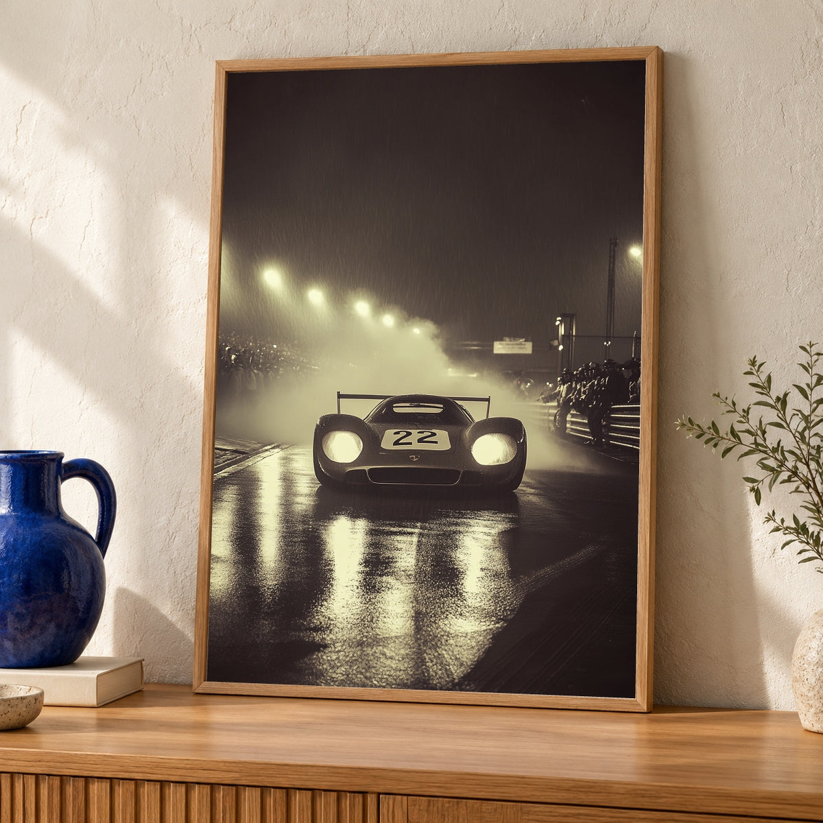 Le Mans Racing Print, Vintage Night Race Poster, Retro Endurance Car — oak frame room mockup