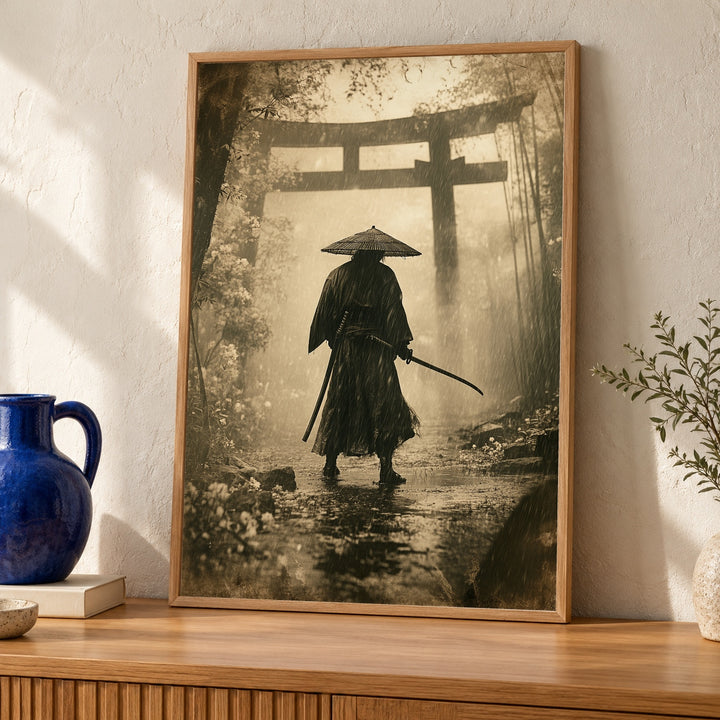 Samurai Ronin Art, Japanese Torii Gate Rain Print