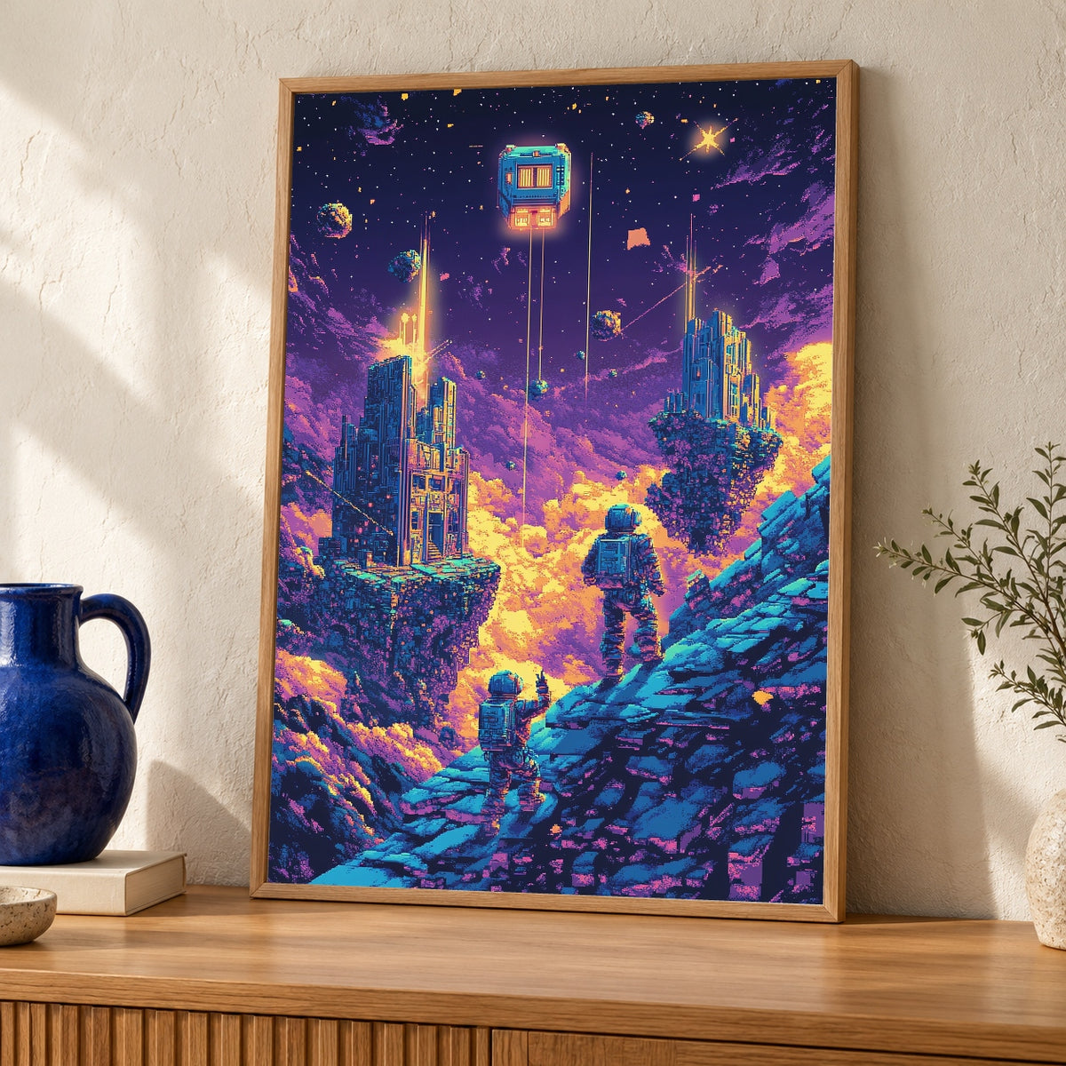 Retro Gaming Pixel Art, Astronaut Space Exploration Print — oak frame room mockup