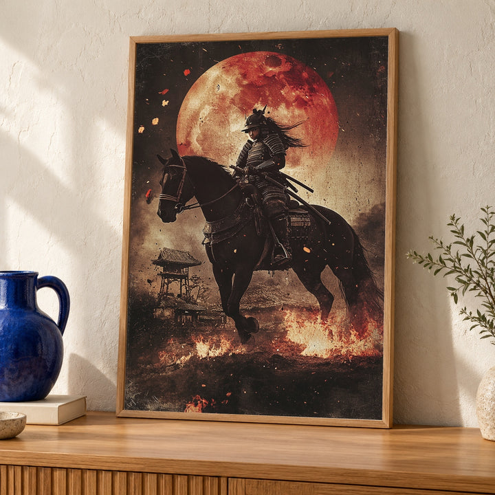Onna-Bugeisha Art, Female Samurai Horse Print, Vintage Japanese Moon