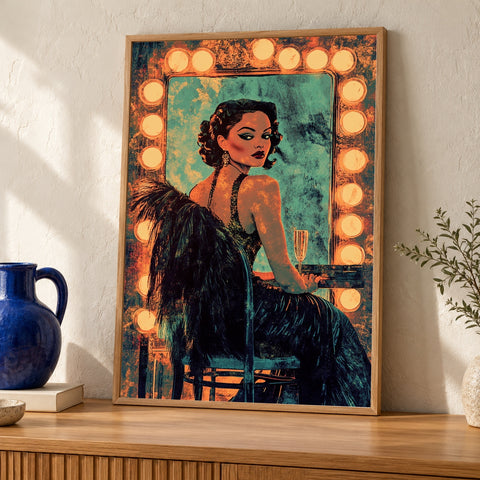 1930s Hollywood Starlet Art Print, Retro Vintage Glamour Poster for Bedroom, Mid Century Modern Wall Decor, Old Hollywood Cinema Gloss — oak frame room mockup