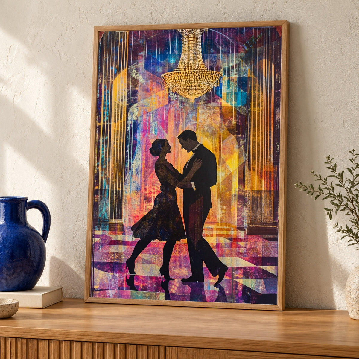 Art Deco Ballroom Print, 1920s Jazz Age Couple, Vintage Glamour — oak frame room mockup