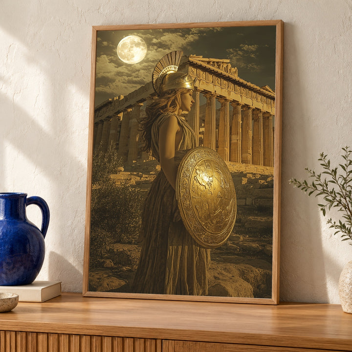 Athena Greek Goddess Poster - Parthenon Ancient Greece Wall Art - Mythology Wisdom Warrior Gloss Print - Golden Temple Night Decor