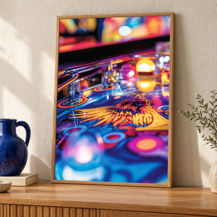 Retro Pinball Art, Vintage Arcade Neon Glow Print, Gamer Gift