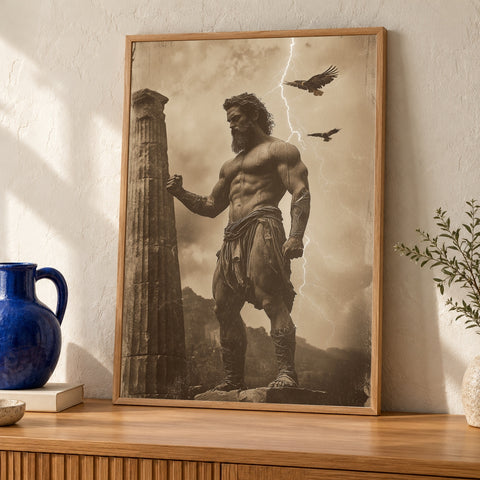 Zeus Greek God Poster, Mount Olympus Mythology Wall Art, Vintage Sepia Gloss Print, Lightning Bolt & Eagle Decor, Ancient Greece Art — oak frame room mockup