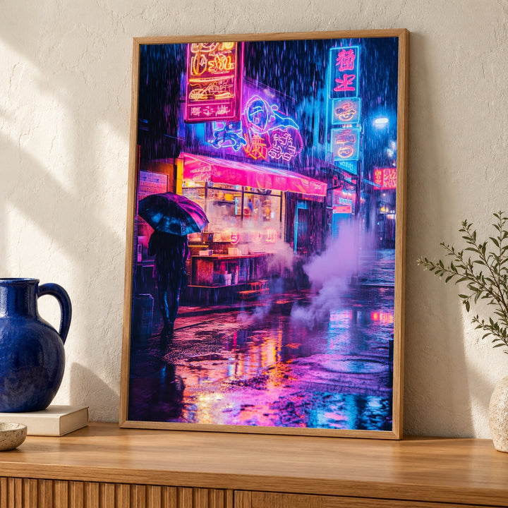 Tokyo Neon Wall Art, Cyberpunk Ramen Shop Print, Rainy Night Synthwave