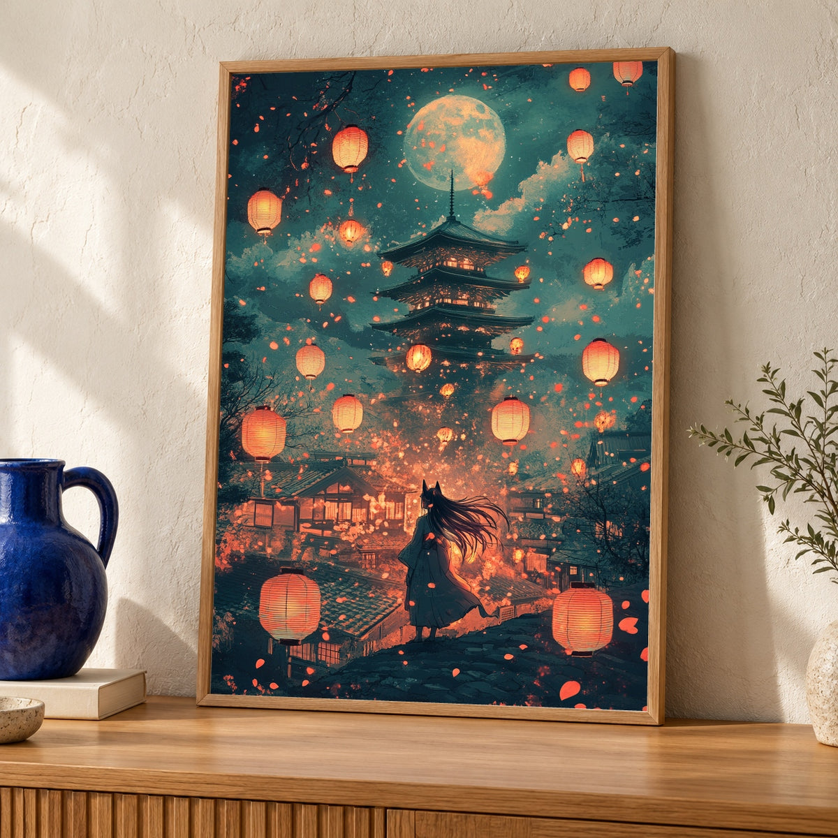 Retro Anime Kitsune Girl Print - Japanese Pagoda & Lanterns Poster - Mysterious Fox Spirit Wall Art - Midnight Moon Glossy Decor — oak frame room mockup