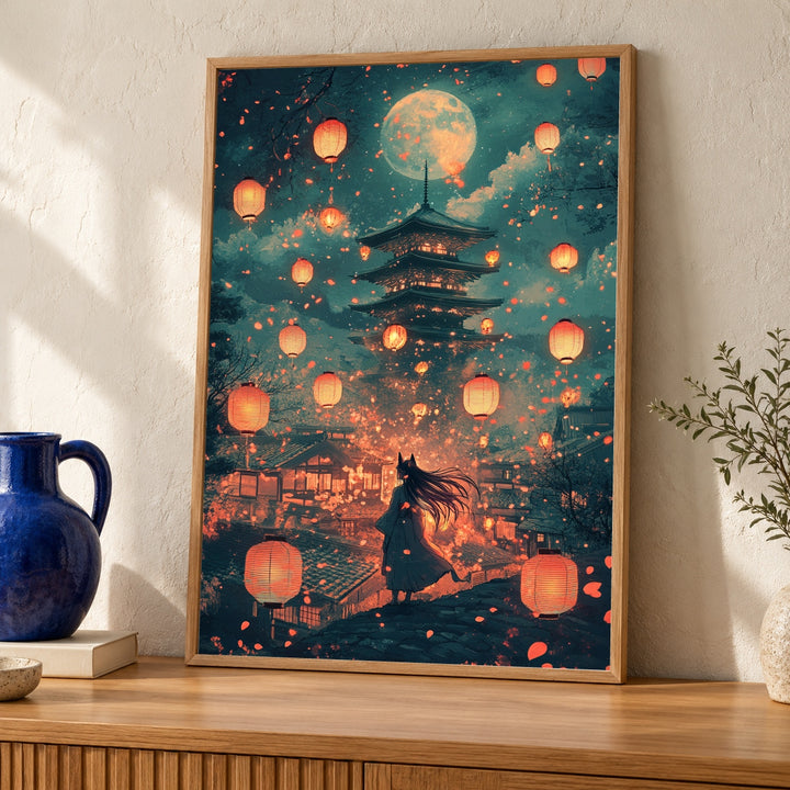 Retro Anime Kitsune Girl Print - Japanese Pagoda & Lanterns Poster - Mysterious Fox Spirit Wall Art - Midnight Moon Glossy Decor