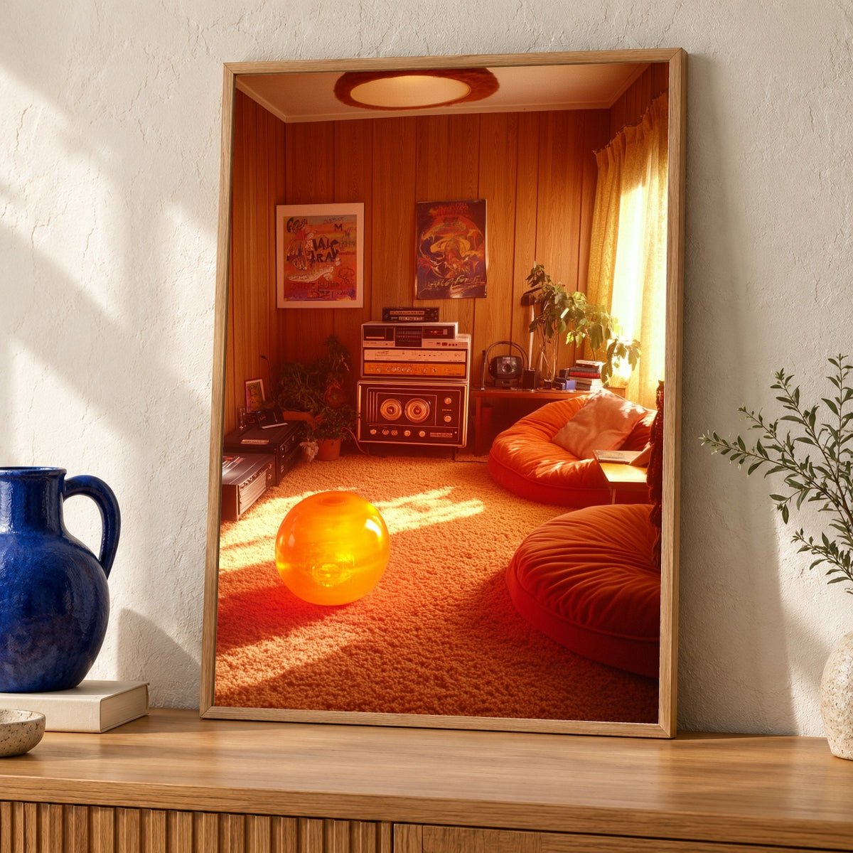 Retro Wall Art, 1970s Living Room Print, Vintage Shag Carpet — oak frame room mockup