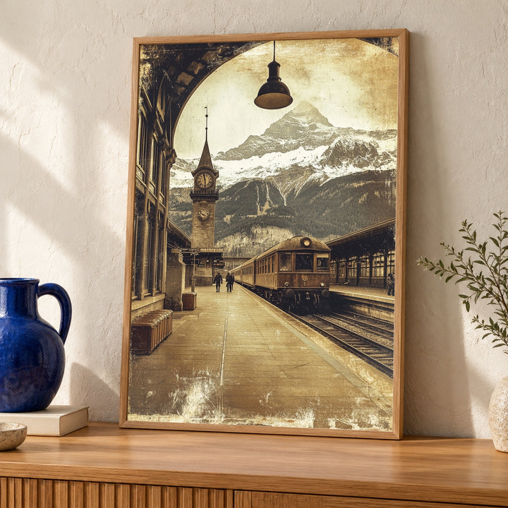 Vintage Train Station Art Print, Retro Alps Mountain Poster, Old Railway Station Sepia Decor, Antique Travel Wall Art, Gloss Art Print
