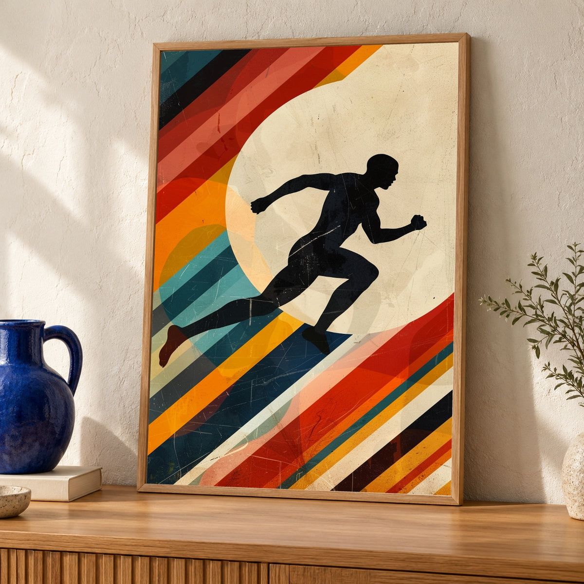 Retro Olympic Sports Poster, Athlete Silhouette Wall Art, Vintage International Sports Print, Bold Geometric Shapes Gloss — oak frame room mockup