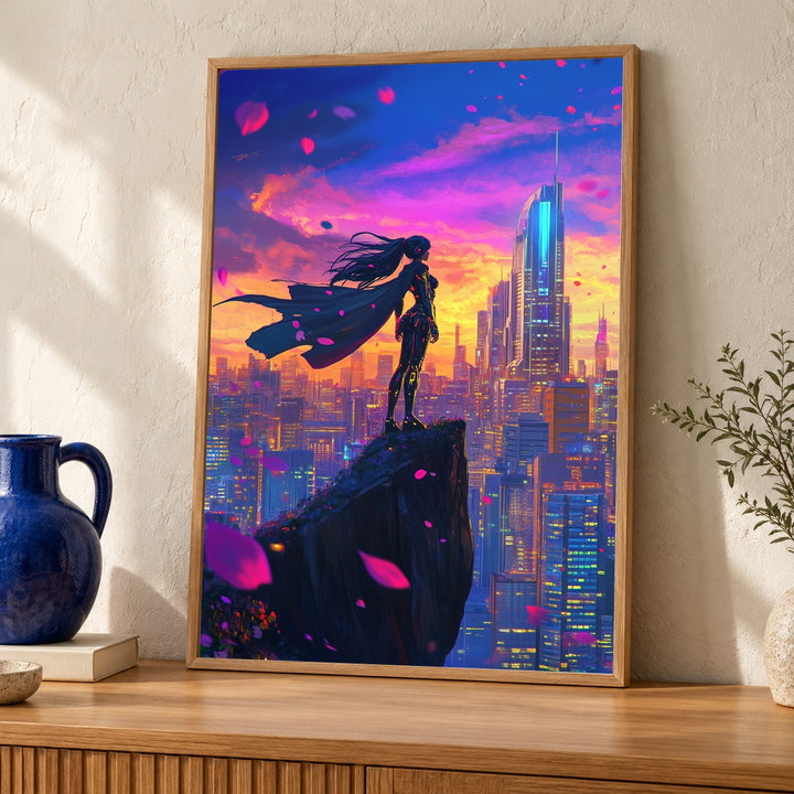Cyberpunk Anime Warrior Princess Gloss Poster - Futuristic City Sunset Wall Art - Retro Synthwave Girl Print - Neon Cityscape Decor