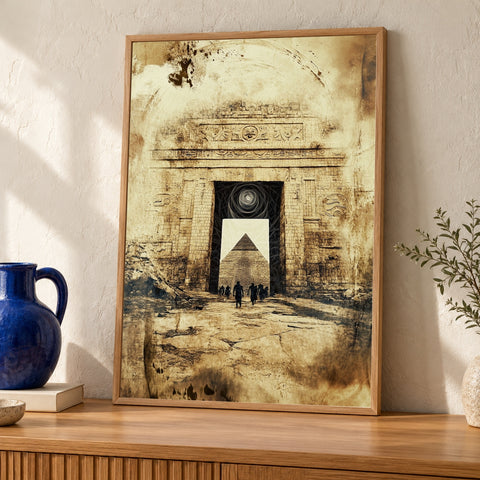 Ancient Aztec Temple Art, Mayan Ruins Portal Print — oak frame room mockup