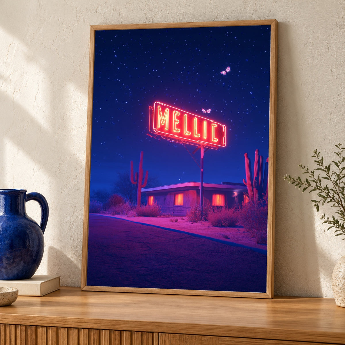 Retro Neon Desert Art, Vaporwave Motel Print, Synthwave Night — oak frame room mockup
