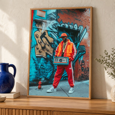 Hypebeast Decor, Retro Hip Hop Poster, African American Art — oak frame room mockup