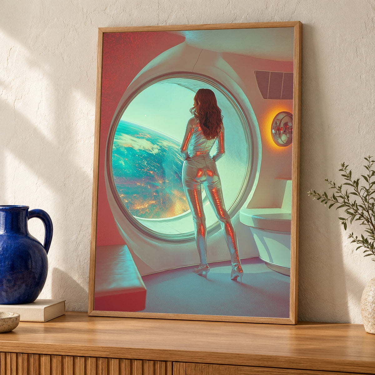 Retro Space Art, Space Age Woman Print, Vintage Futuristic Poster — oak frame room mockup