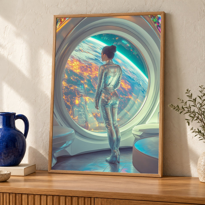 Retro Space Station Art, Sci-Fi Woman Poster, Futuristic Print