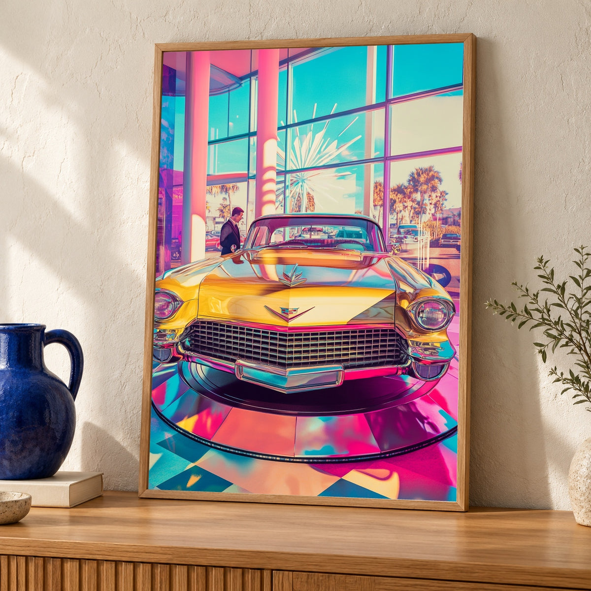 Retro Wall Art, 1950s Cadillac Showroom Print, Vaporwave Decor — oak frame room mockup