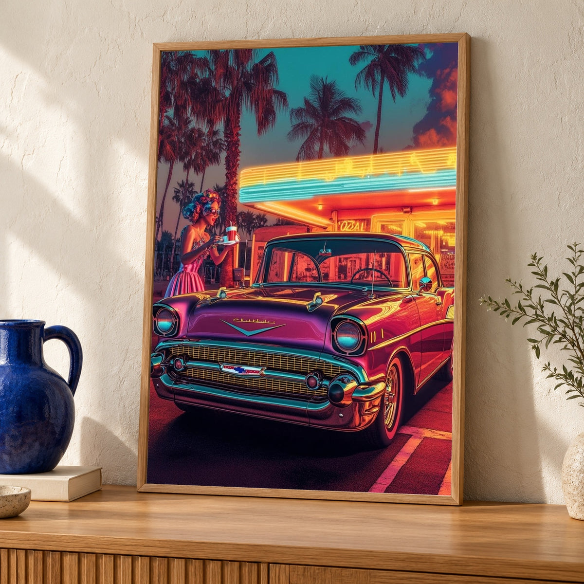 Retro Wall Art, 1957 Chevy Bel Air Neon Diner Print — oak frame room mockup