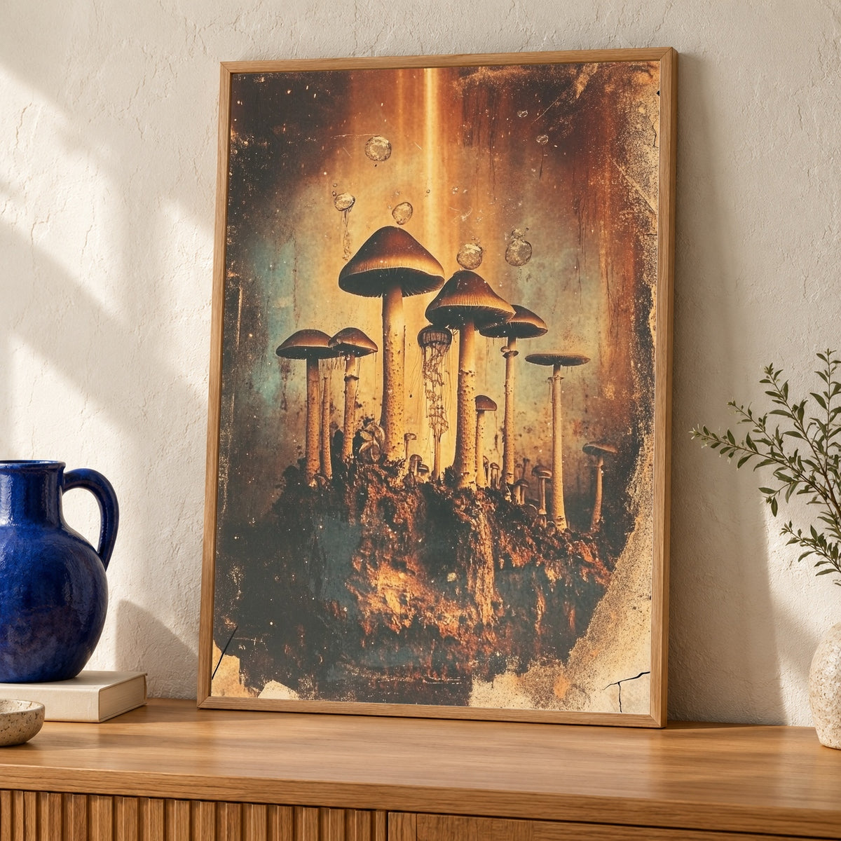 Cosmic Mushroom Art, Vintage Surreal Fungi Print, Dark Fantasy — oak frame room mockup