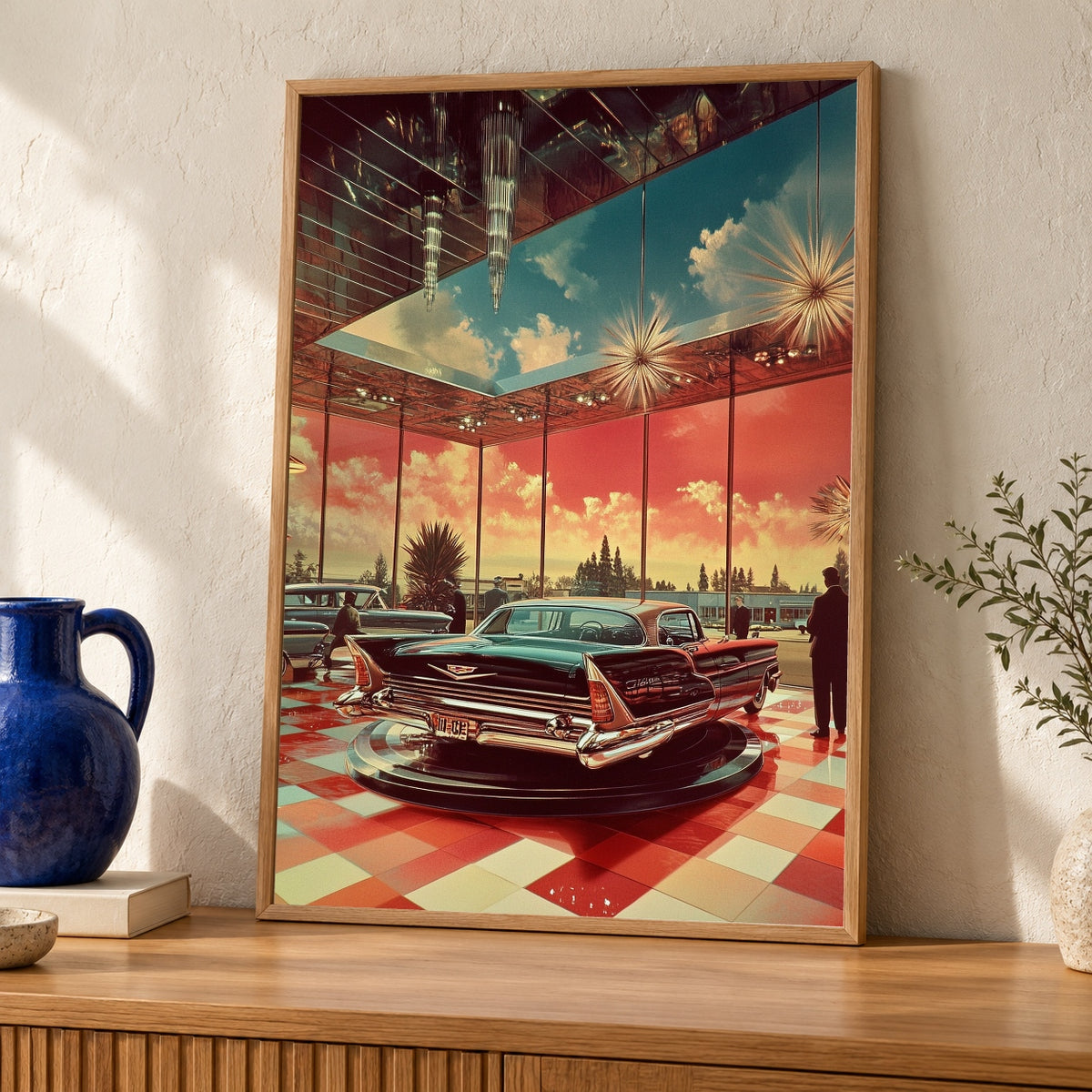 Retro Car Showroom Art, Mid Century Modern Print, Vintage Automotive — oak frame room mockup