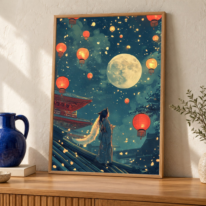 Japanese Lantern Art, Kitsune Fox Spirit Print, Fantasy Night Sky