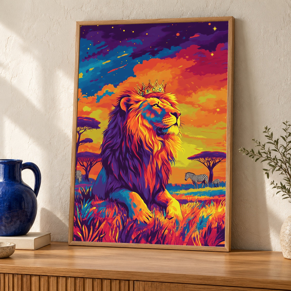 Lion King Crown Art, Psychedelic African Savanna Print — oak frame room mockup