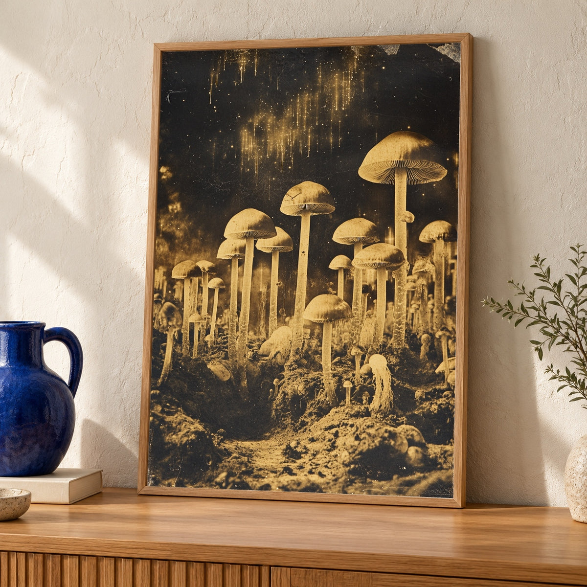 Vintage Mushroom Art, Celestial Fungi Sepia Poster — oak frame room mockup