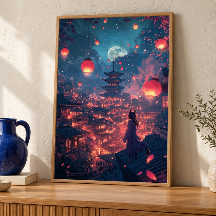 Japanese Lantern Festival, Kitsune Fox Spirit Print, Anime Wall Art