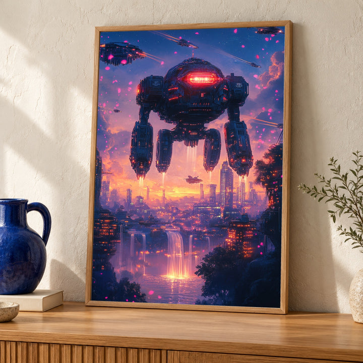 Giant Mecha Robot Art, Retro Anime Sci-Fi Print, Cyberpunk City