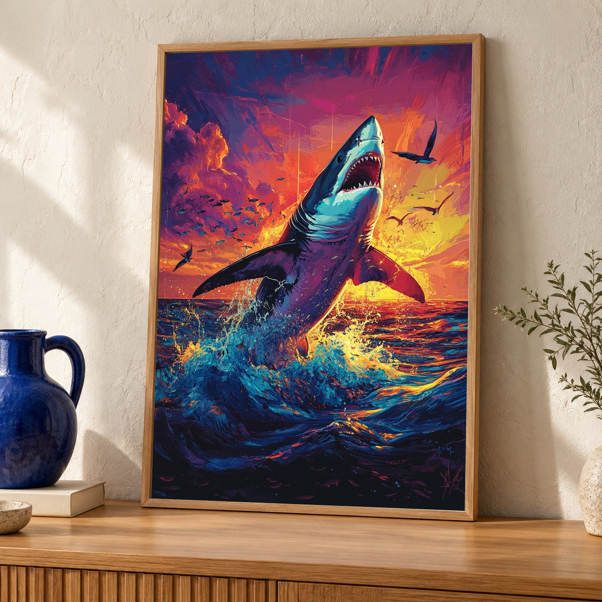 Great White Shark Breaching Sunset Poster - Colorful Ocean Wall Art Gloss Print - Modern Sea Life Decor - Vibrant Marine Life Painting — oak frame room mockup