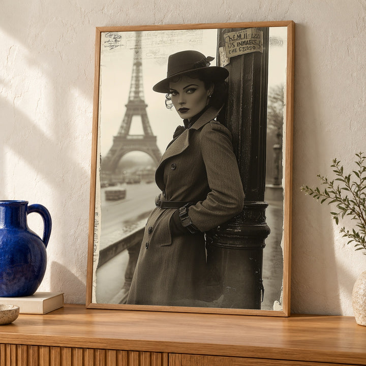 Vintage Femme Fatale Spy Poster Paris Eiffel Tower Sepia Print Retro Noir Wall Art Trench Coat Fedora French Style Home Decor Gloss