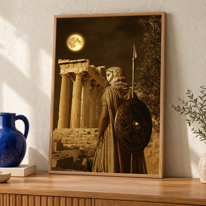Athena Goddess of Wisdom Poster - Greek Mythology Wall Art Parthenon Athens Glossy Print - Ancient Greece Decor Spear and Shield