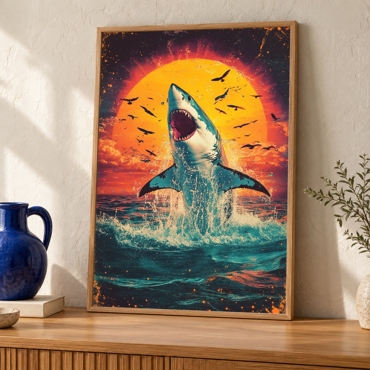 Retro Shark Wall Art, Great White Ocean Poster, Vintage Breaching Print — oak frame room mockup