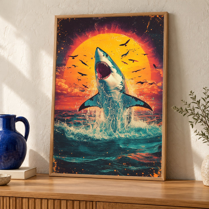 Retro Shark Wall Art, Great White Ocean Poster, Vintage Breaching Print