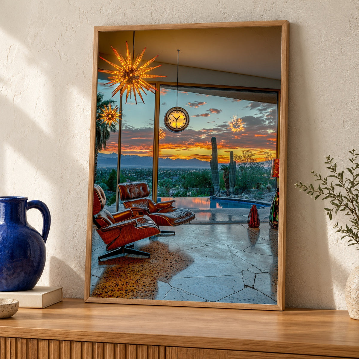 Retro Palm Springs Art, Mid Century Modern Desert Print — oak frame room mockup