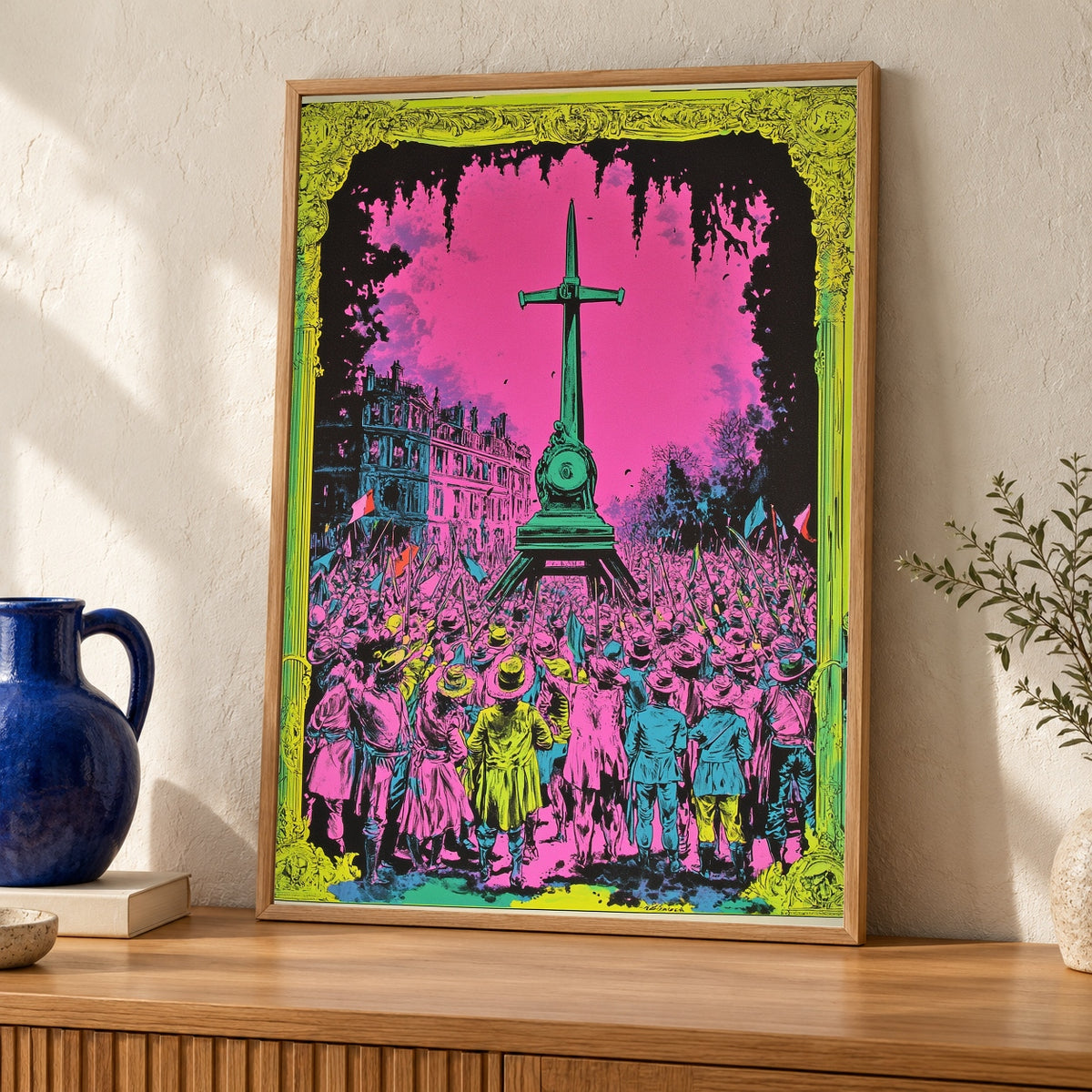 French Revolution Art, Reign of Terror Neon Crowd Print — oak frame room mockup