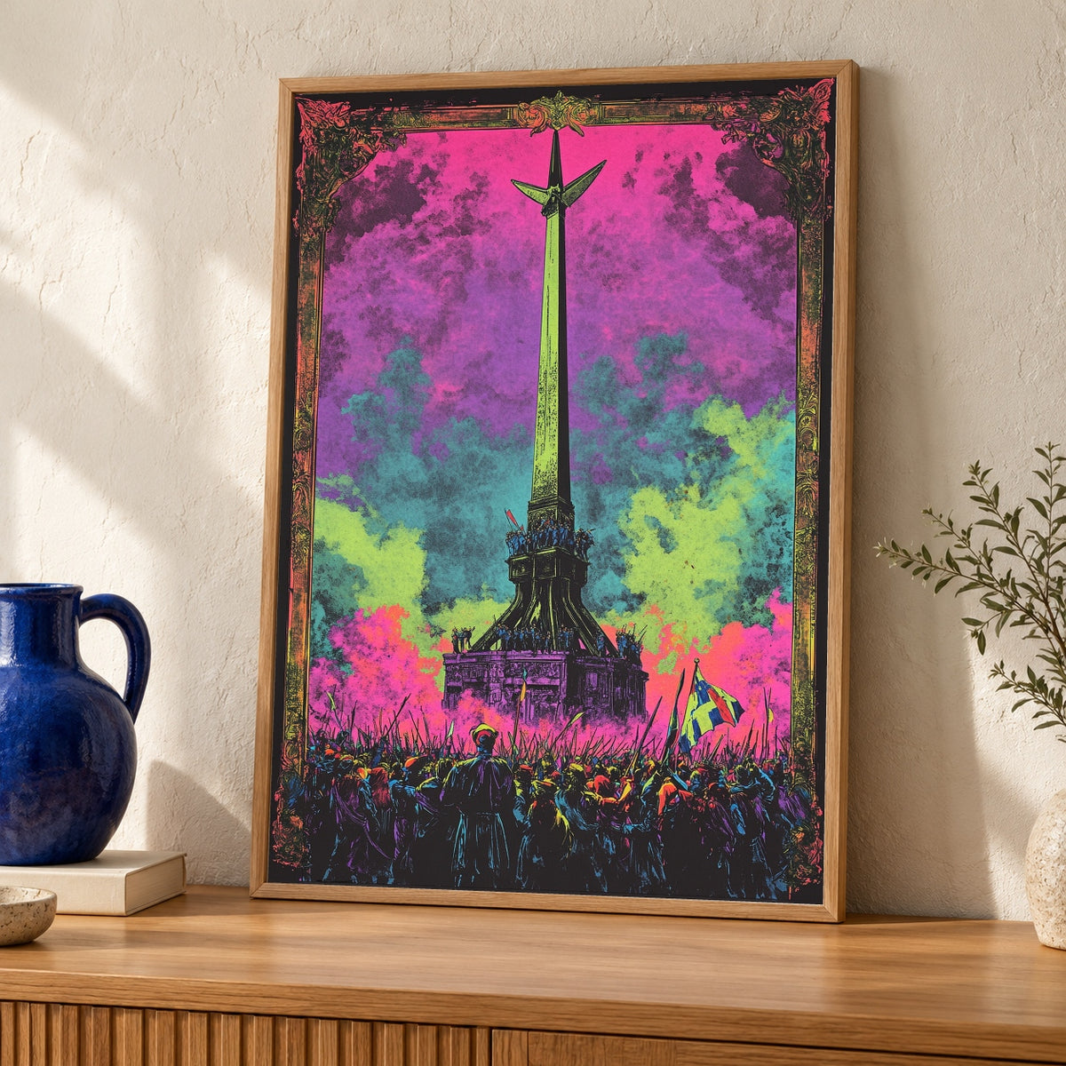 French Revolution Art, Reign of Terror Neon Poster, Psychedelic History — oak frame room mockup