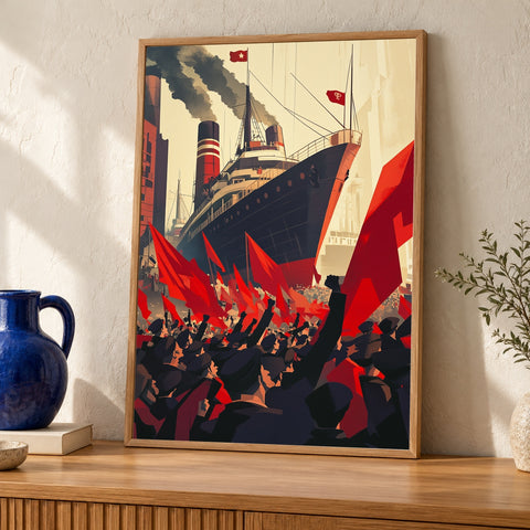 Russian Revolution Print, Battleship Aurora Soviet Poster — oak frame room mockup