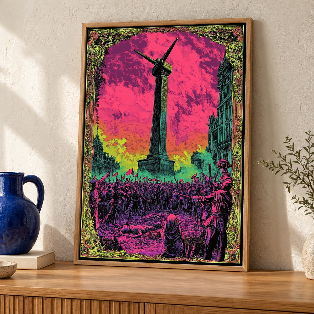 French Revolution Reign of Terror 1793 Art Print - Psychedelic Guillotine Wall Art - Neon Paris History Poster - Retro Glossy Decor — oak frame room mockup