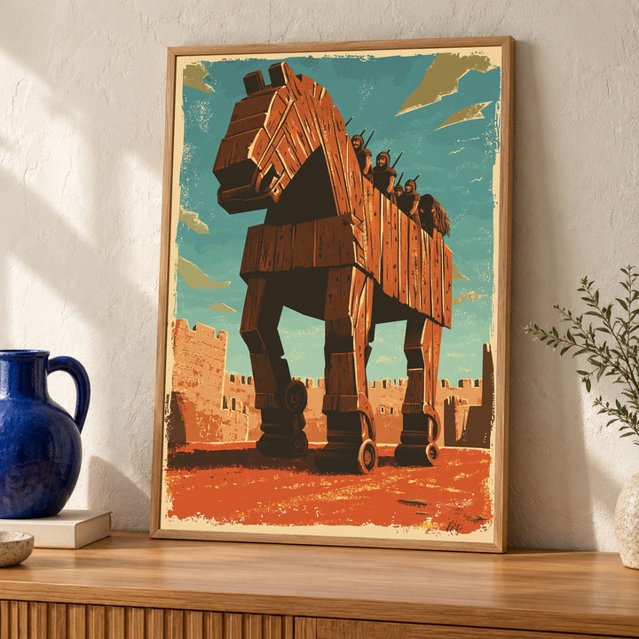 Trojan Horse Ancient Greece Poster - Vintage Greek Mythology Wall Art - Retro Troy Battle Gloss Print - Spartan Epic History Decor